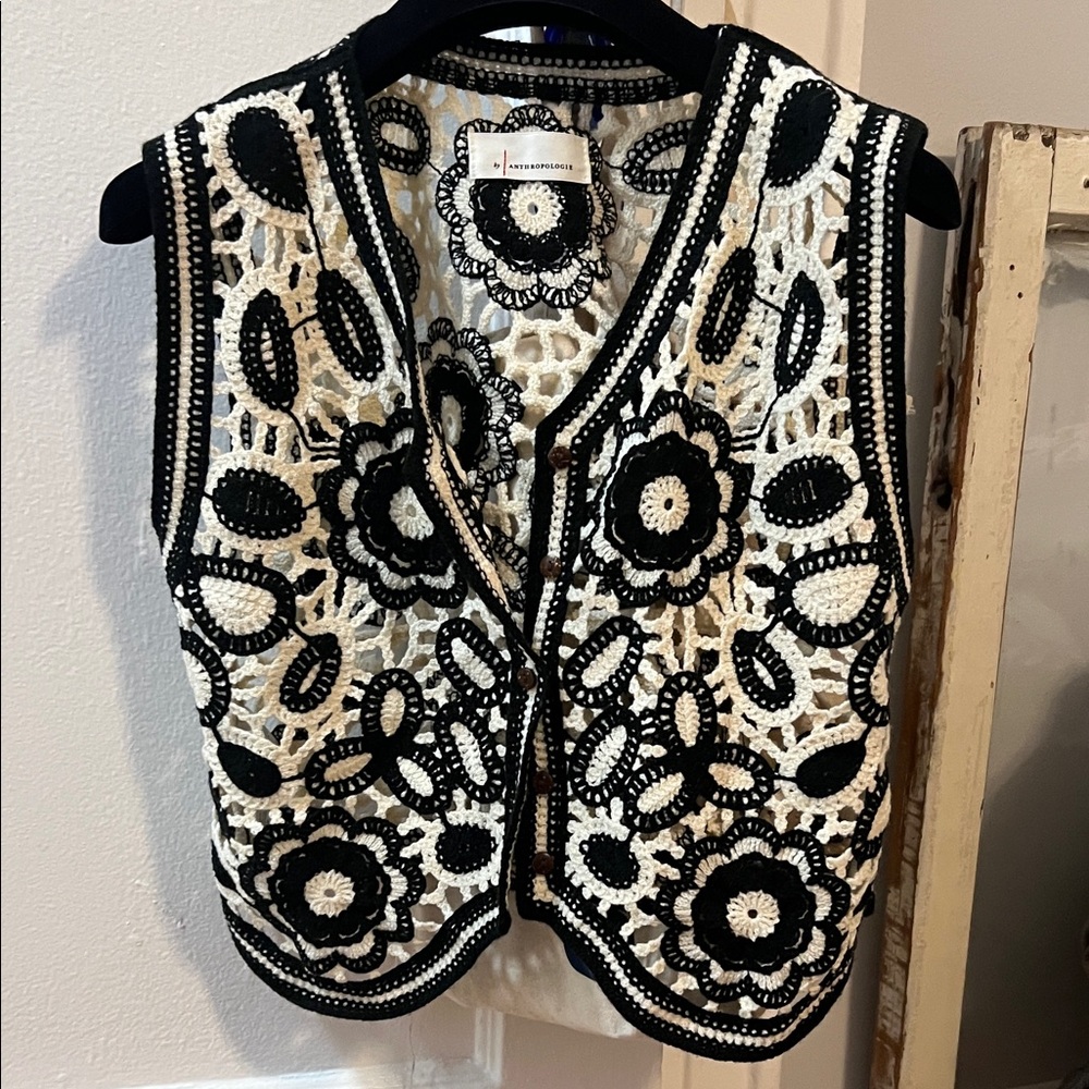 Anthropologie Black and White Crochet Vest